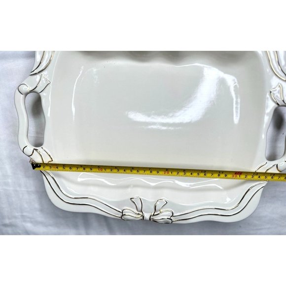Gibson Serving Tray Platter Cheese Turkey Cookies White Gold Bow Trim Handles - Picture 4 of 7